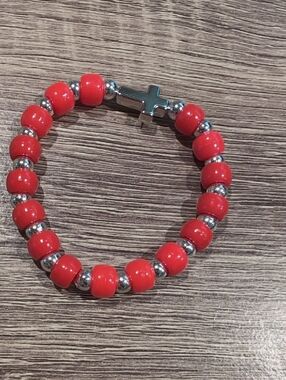 Red Beaded Stretch Bracelet with Silver Cross Accent